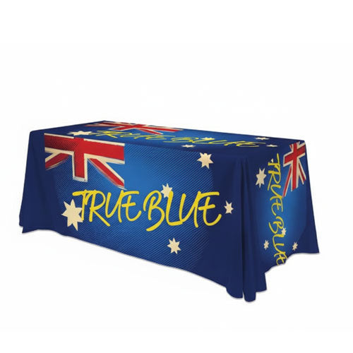 Tablecloth with Australian flag and 'True Blue' text on a white background